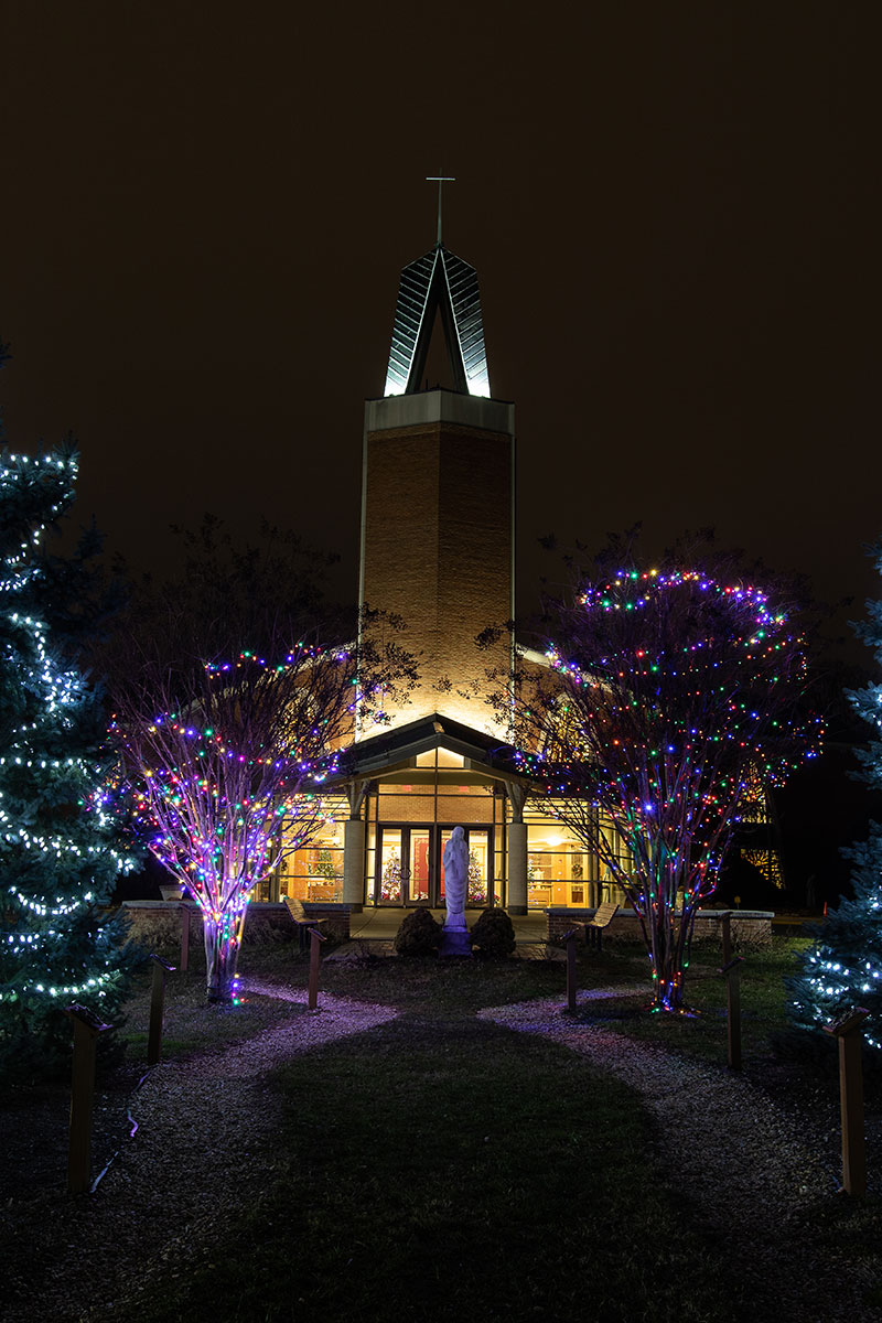 Saint Leo exterior with Christmas lights